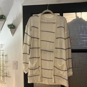 Grey and white striped lightweight knit cardigan
